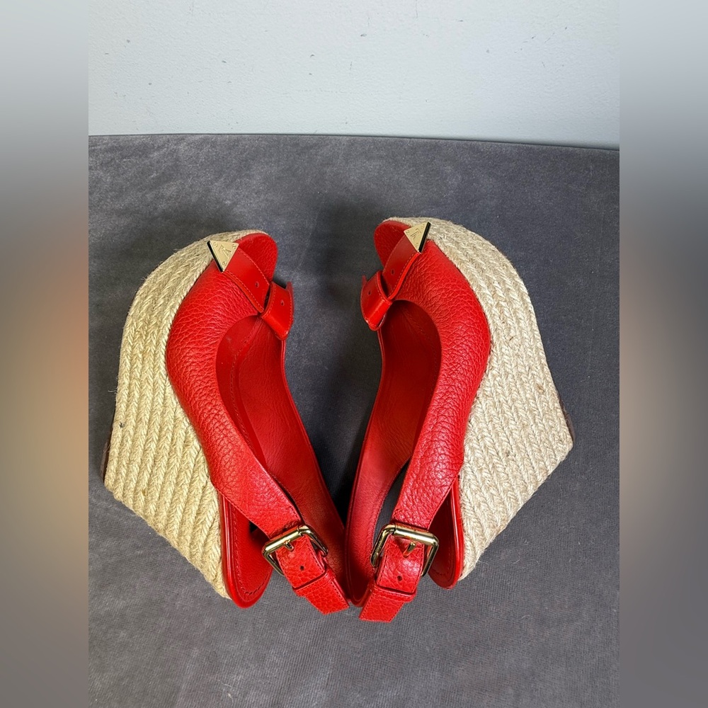 Louis Vuitton red leather wedge heel slingback espadrille sandals open-toe 35 - Picture 14 of 16